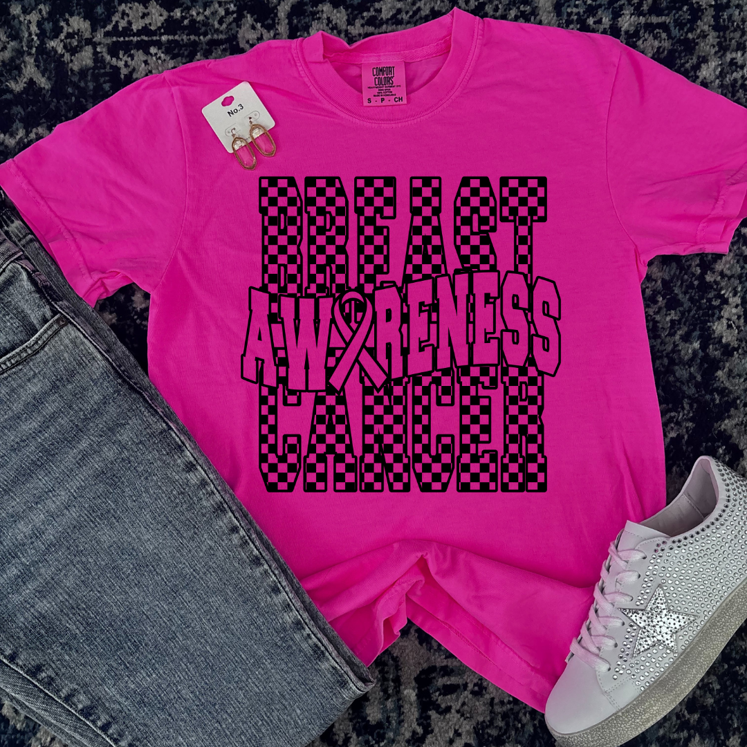 Checkered Neon Breast Cancer Awareness Graphic Tee