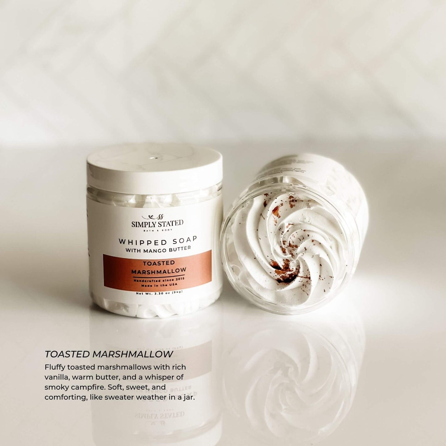 Toasted Marshmallow Whipped Soap with soft texture and smoky vanilla notes