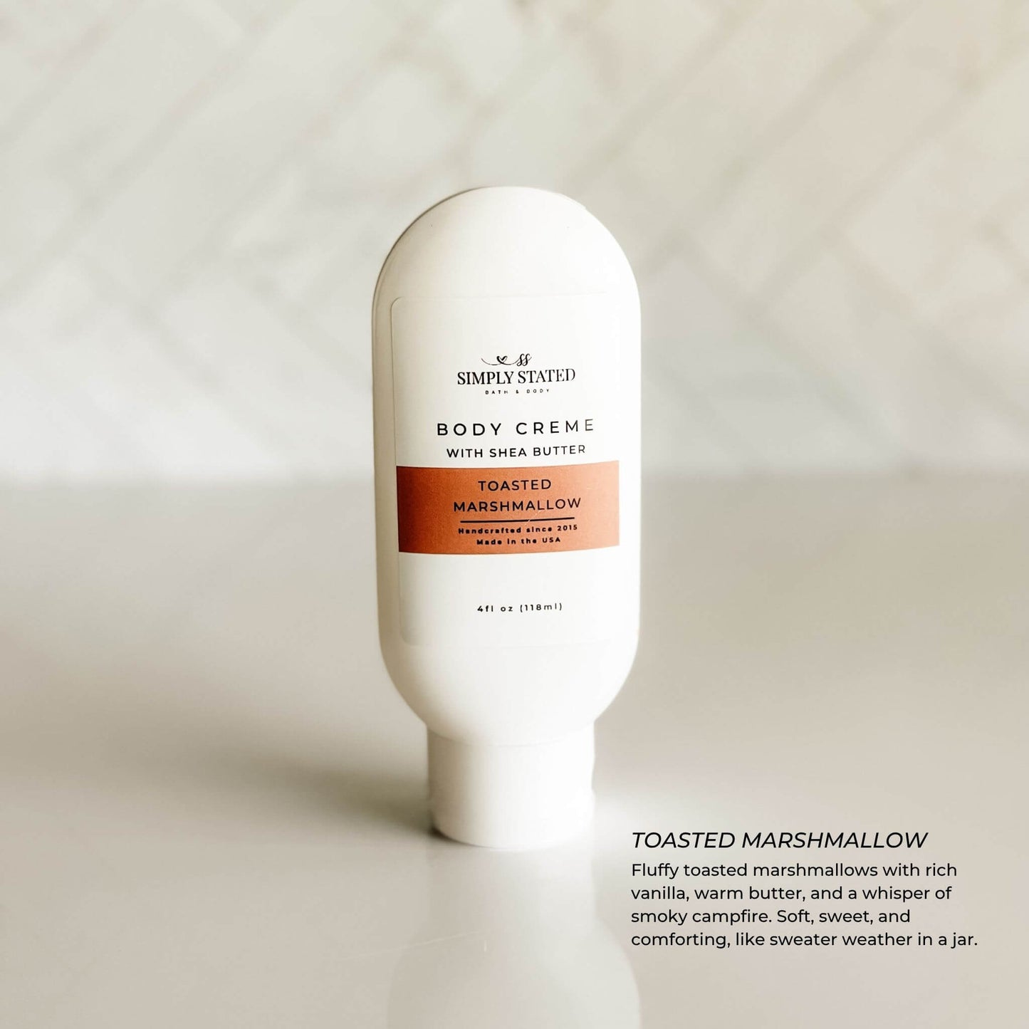 Toasted Marshmallow Body Crème – sweet and smoky vanilla body lotion in minimalist white bottle