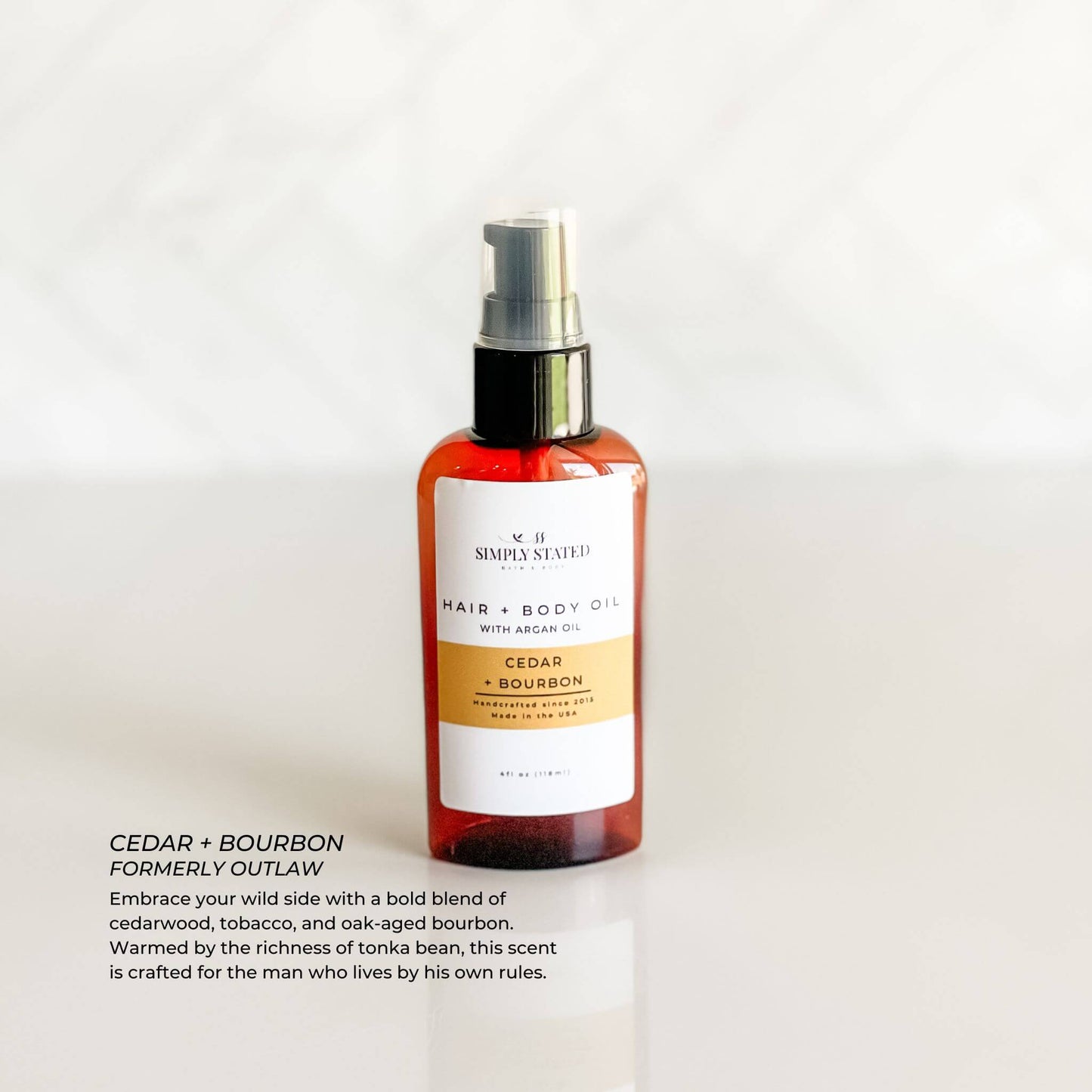 Cedar + Bourbon Beard + Body Oil for Men in amber bottle with warm-toned label