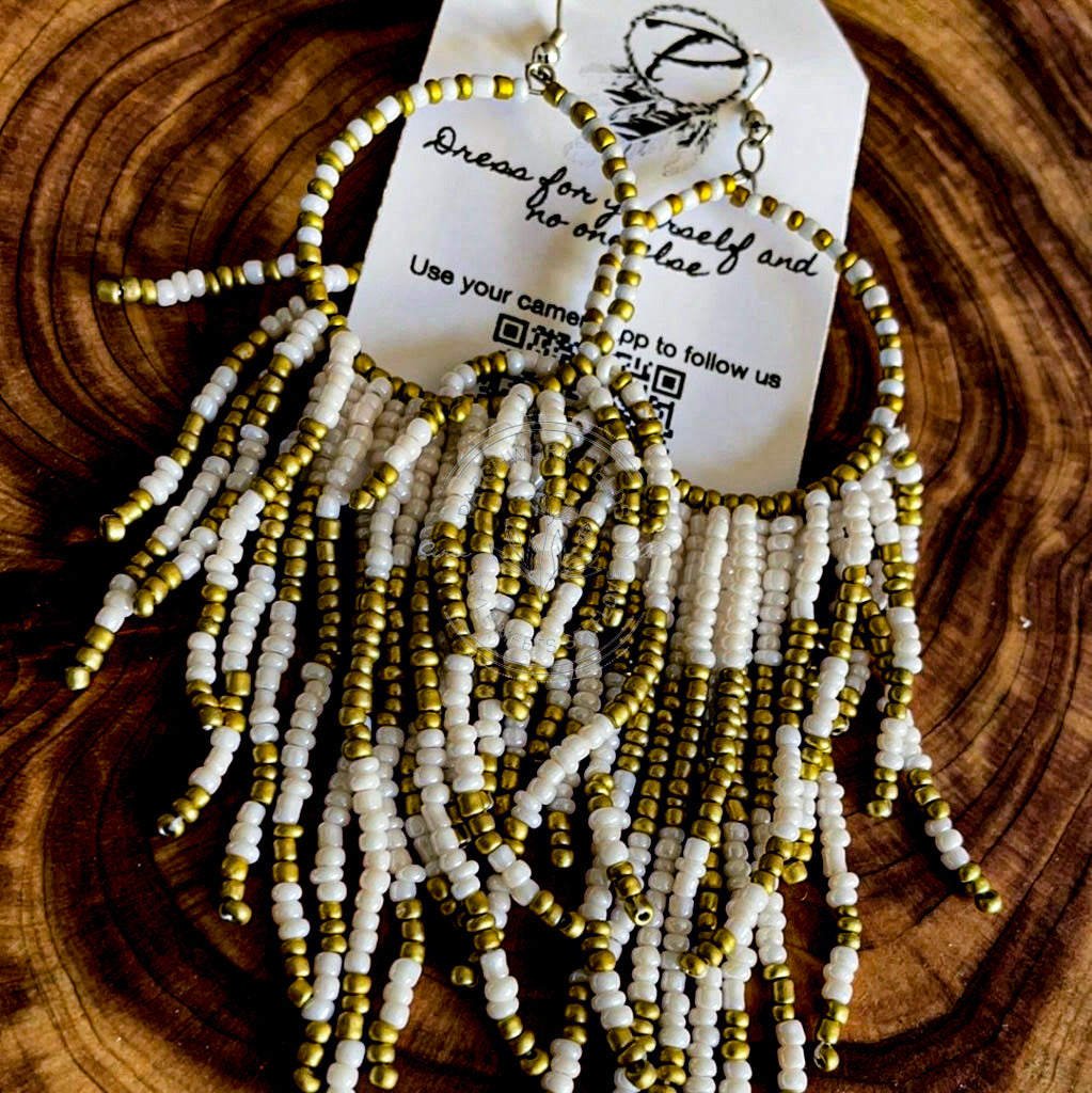 WHITE AND GOLD BEADED HOOP EARRINGS