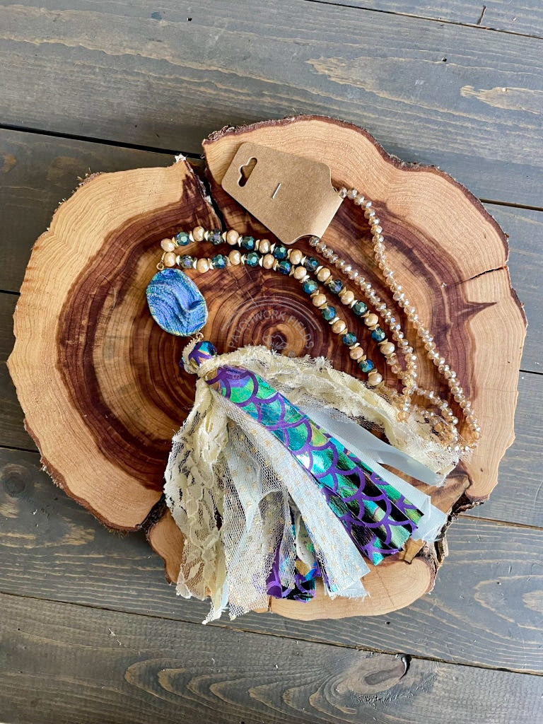 Mystical Mermaids Beaded Necklace with Stone Pendant and Scales & Lace Tassels