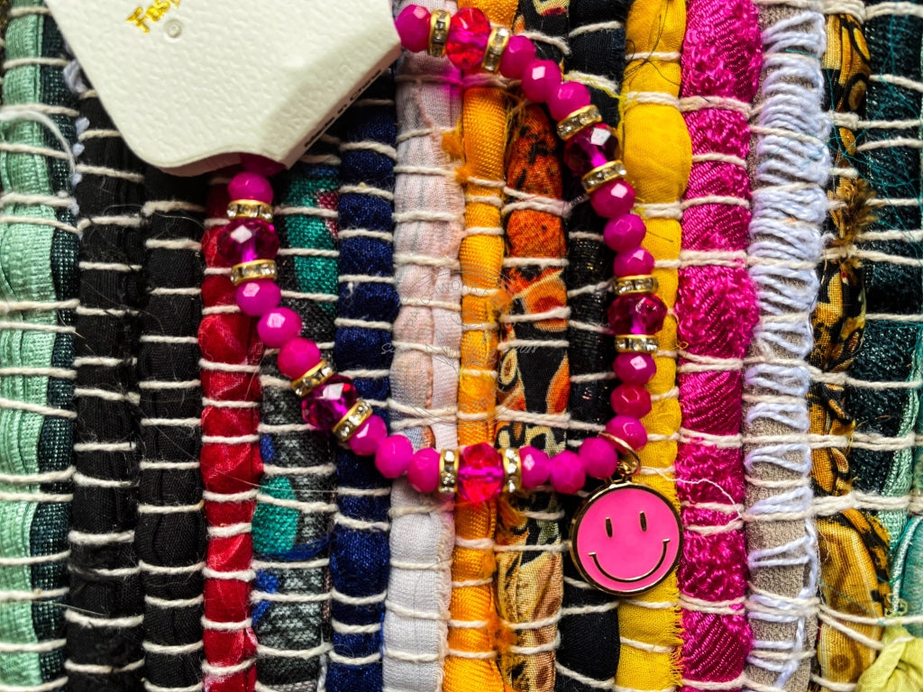 Smiley Charm Beaded Bracelet Dark Pink