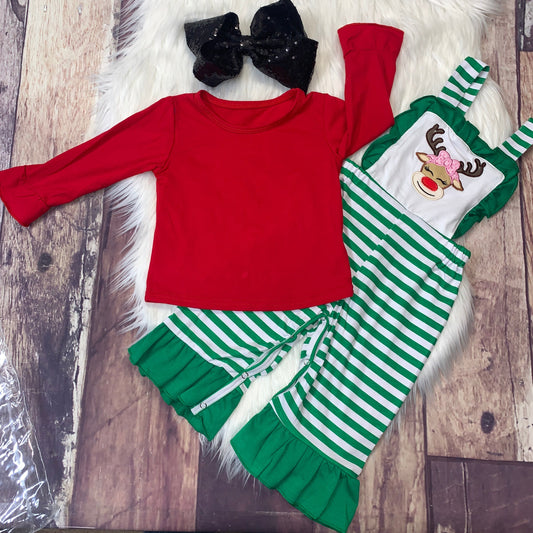 Embroidered Reindeer Ruffle Girl's Striped Longall Romper Set