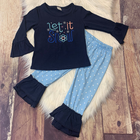 Let It Snow Embroidered Girl's Ruffle Top & Pants Set