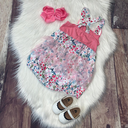 Easter Bunny Floral Pink Tulle Bubble Romper