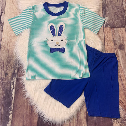 Embroidered White Easter Bunny Stripe Tee & Blue Shorts Set