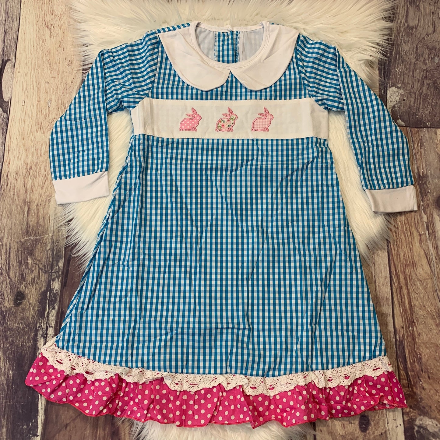 Embroidered Pink Bunnies Long Sleeve Blue Checkered Lined Ruffle Dress