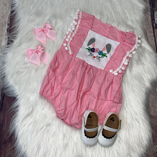 Pink Embroidered Easter Bunny White Ball Fringe Bubble Romper