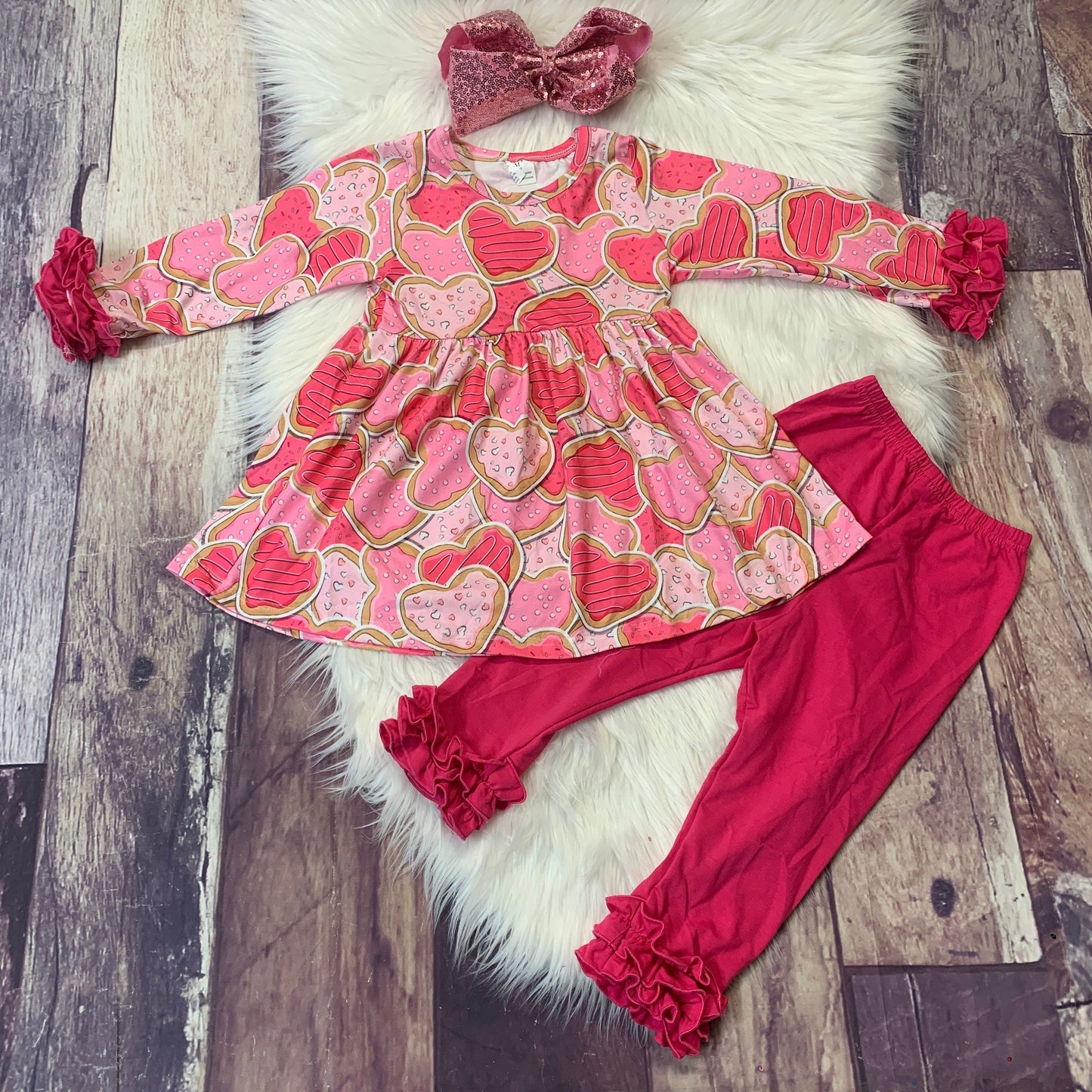 Multi Color Heart Cookies Tunic Top and Ruffle Pant Set