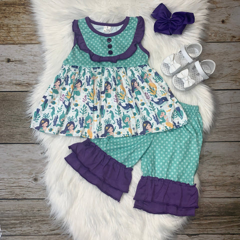 Mermaid Mint and Purple Ruffle Tunic & Short Set