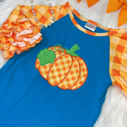 Embroidered Pumpkin Turquoise & Orange Ruffle Raglan