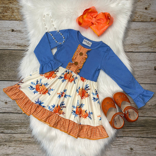 Light Blue & Orange Pumpkin Print Long Sleeve Dress