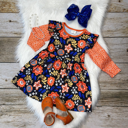 Orange & Blue Floral Flutter Sleeve Dress with Polka Dot Sleeves