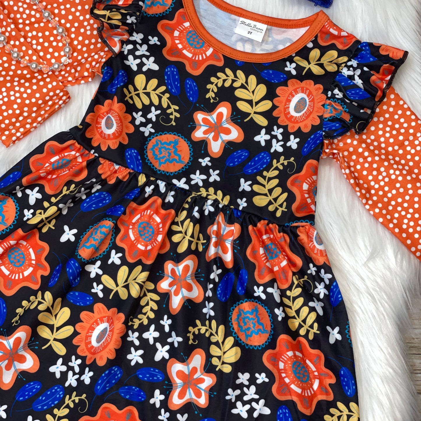 Orange & Blue Floral Flutter Sleeve Dress with Polka Dot Sleeves