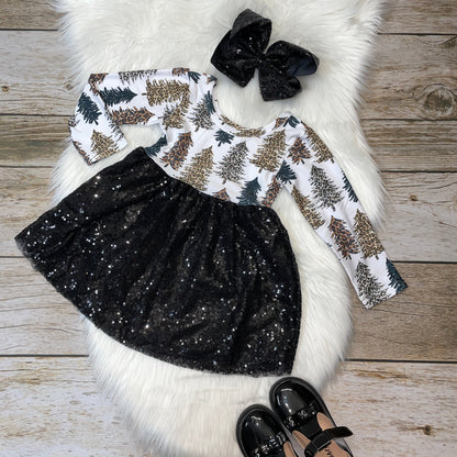 Black Sequin Holiday Dress with Leopard Tree Print Bodice