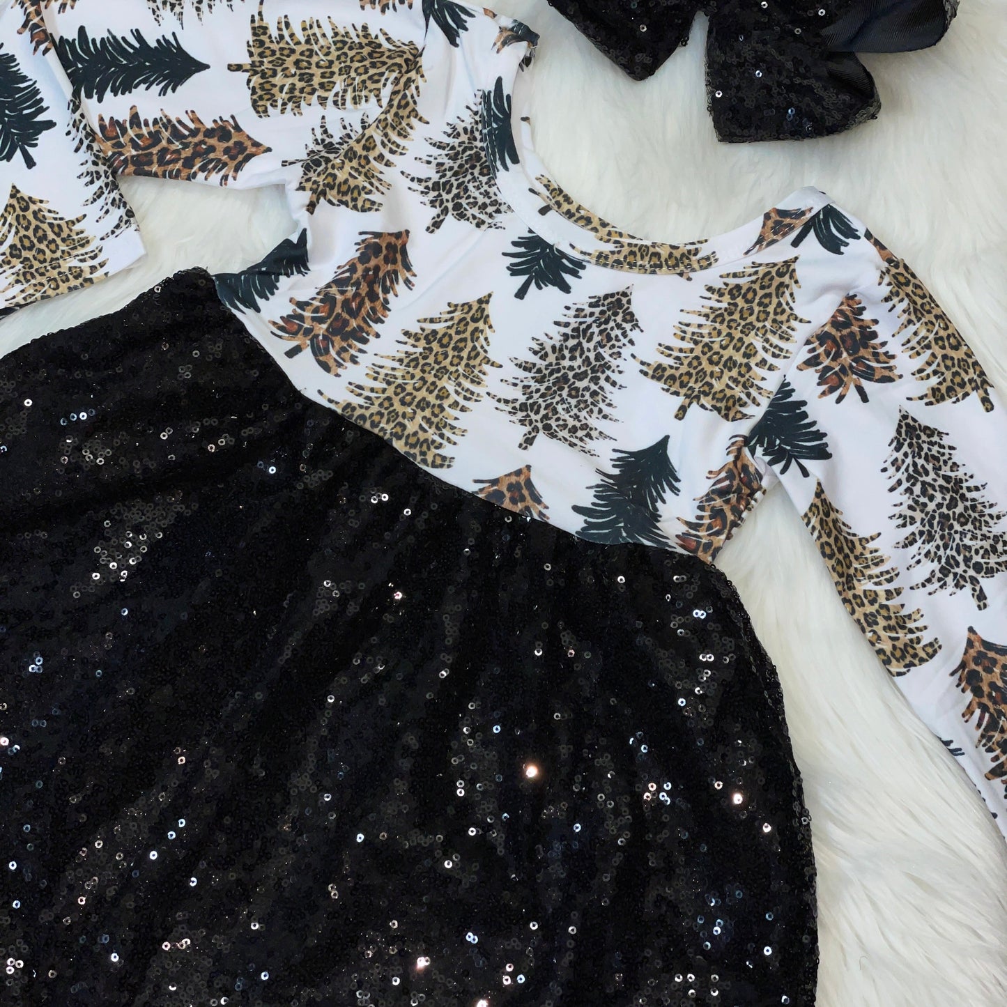 Black Sequin Holiday Dress with Leopard Tree Print Bodice