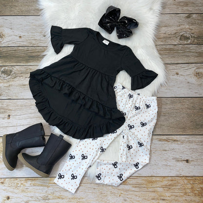 Black High Low Tunic with Bowknot Printed Leggings