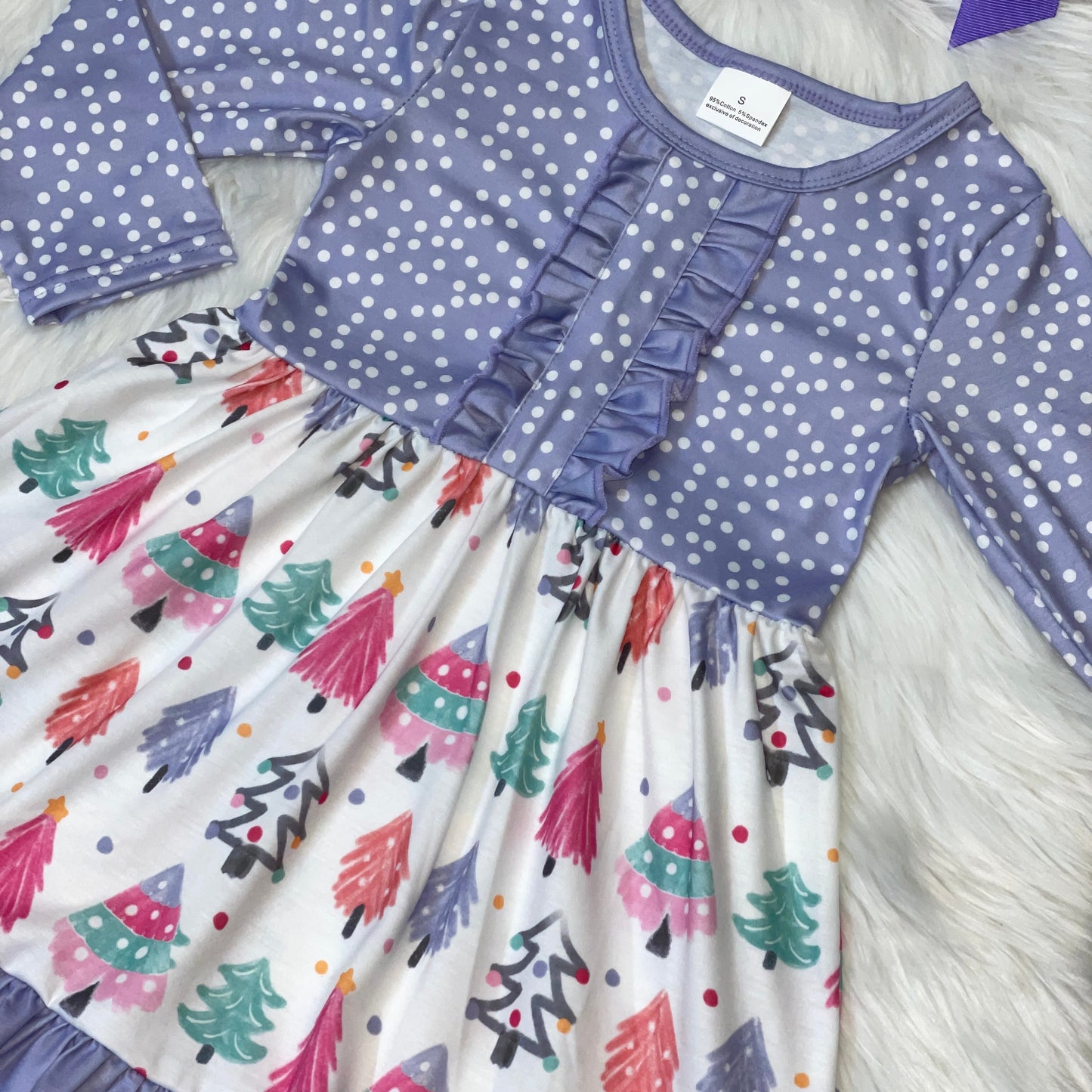 Lavender & Pink Christmas Tree Printed Long Sleeve Dress