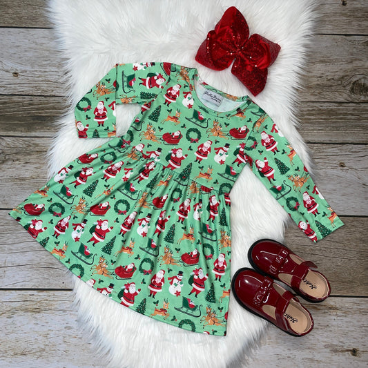 Green Santa's Sleigh and Reindeer Printed Long Sleeve Dress