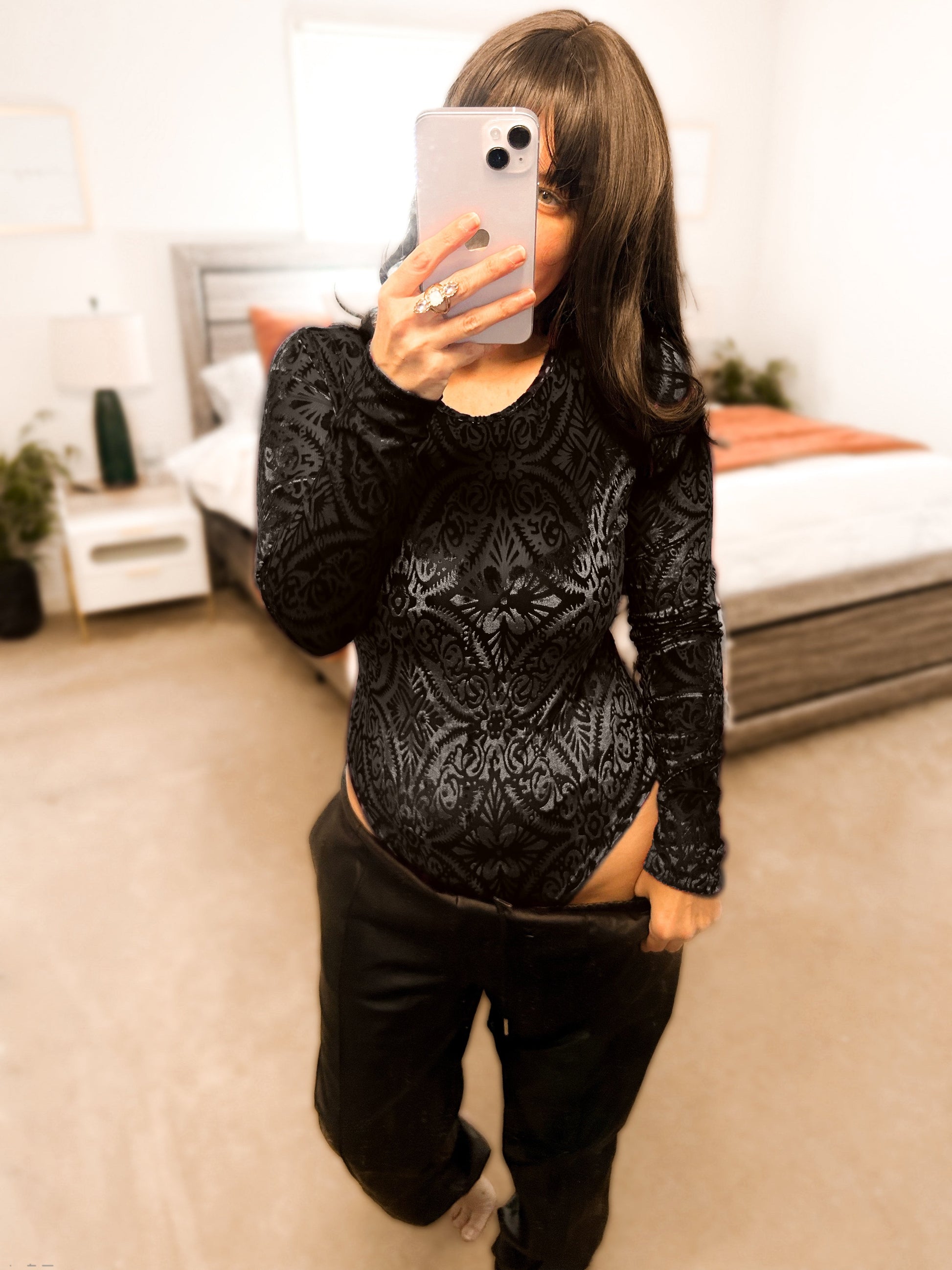 Micha Mesh & Velvet Crewneck Bodysuit - Girl Code Couture