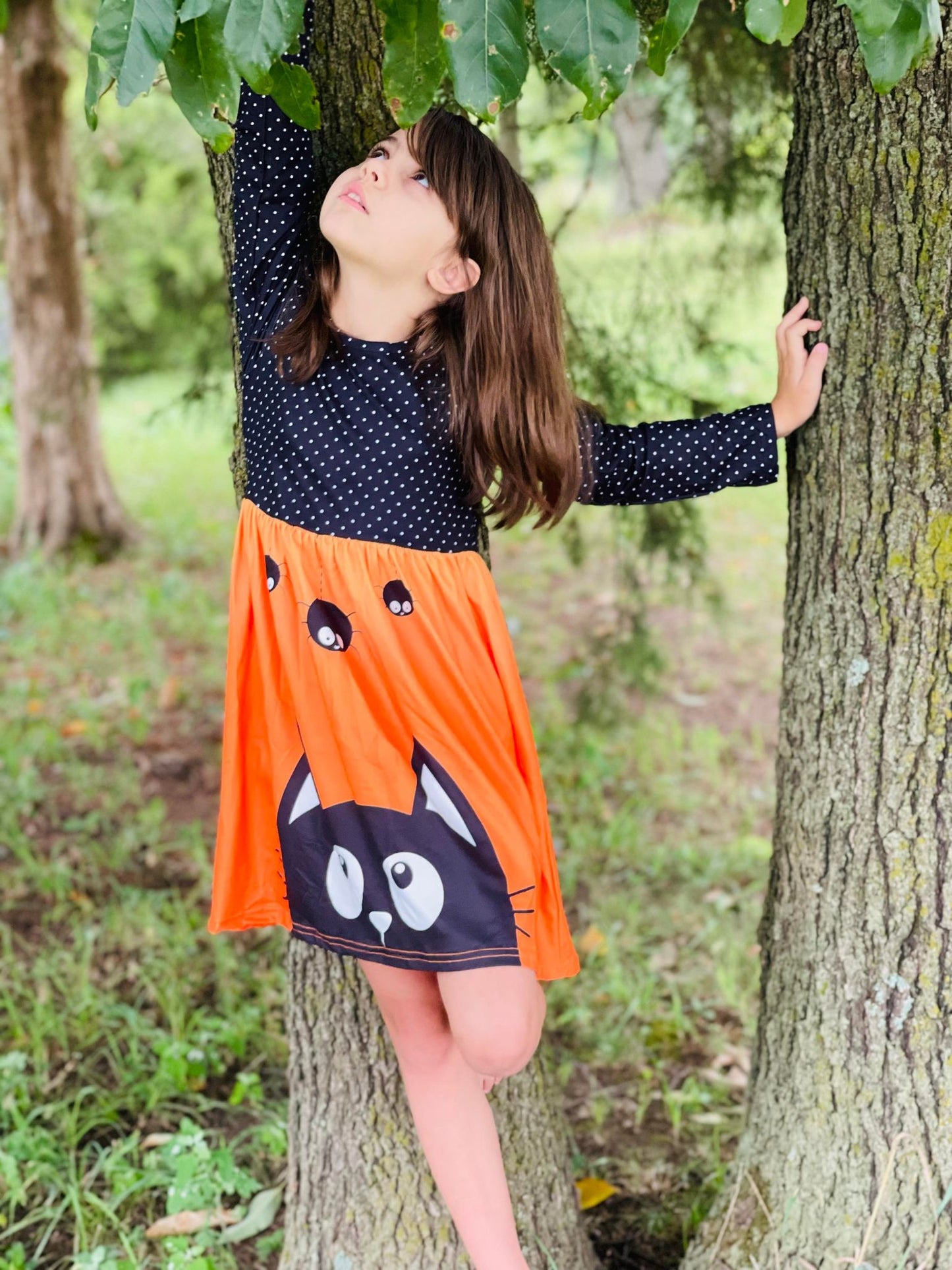 Peeking Black Cat Printed Halloween Dress