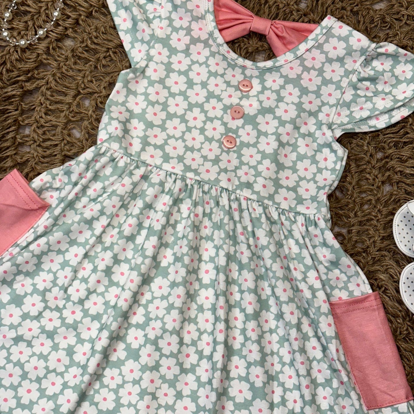 Light Teal with White & Pink Flowers Pocket Dress