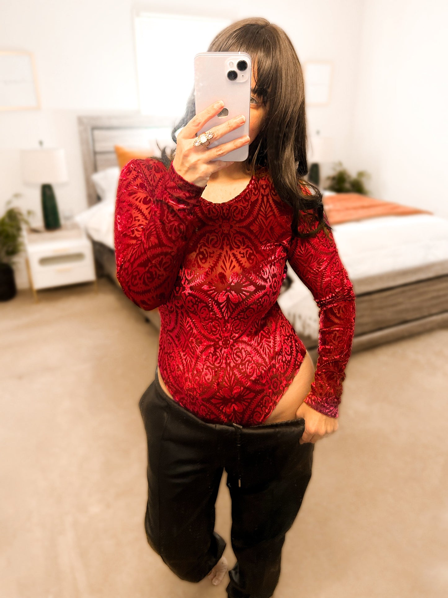 Micha Mesh & Velvet Crewneck Bodysuit - Girl Code Couture
