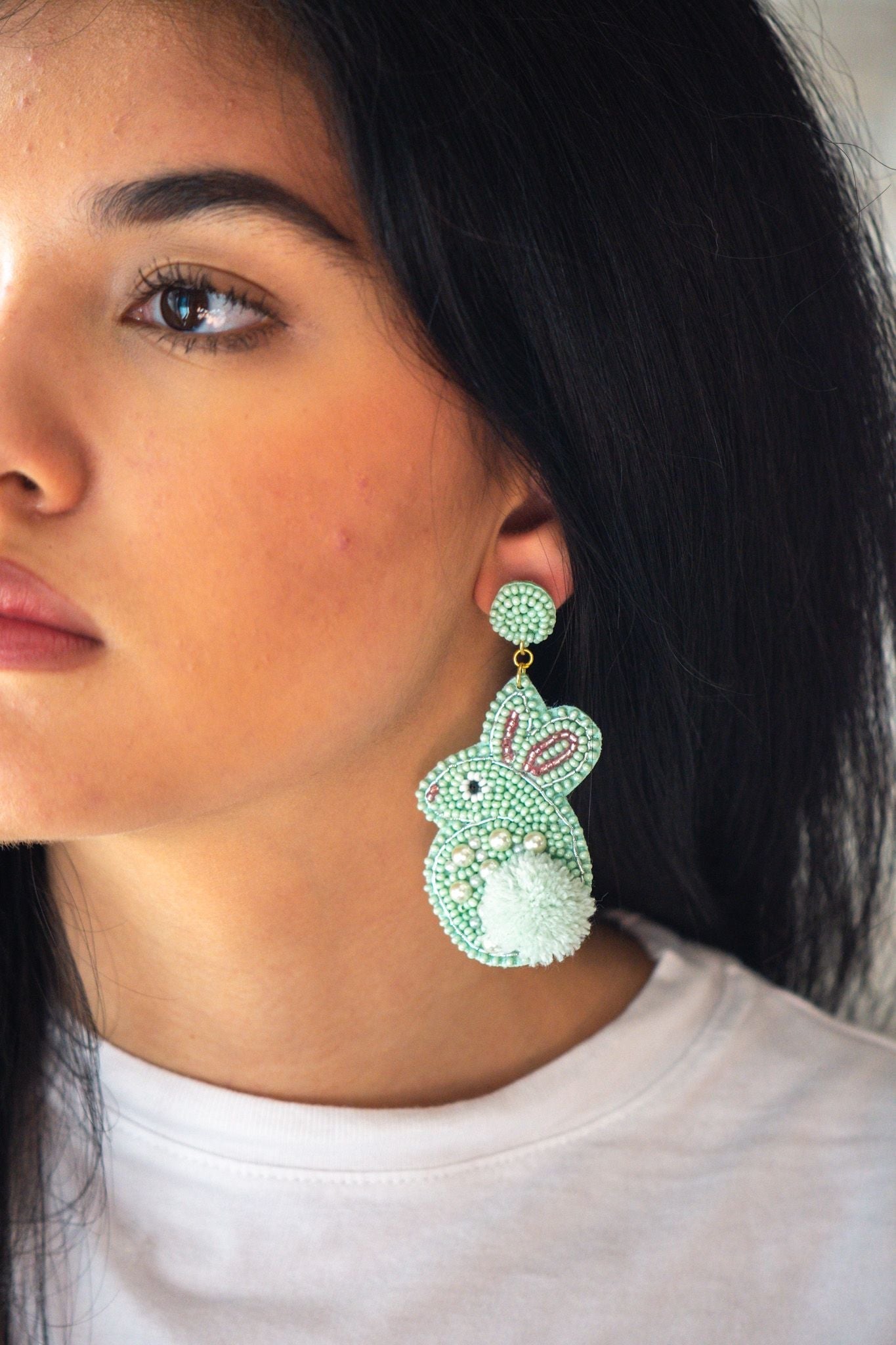 Easter Bunny Pom Seed Bead Earrings in Mint Green
