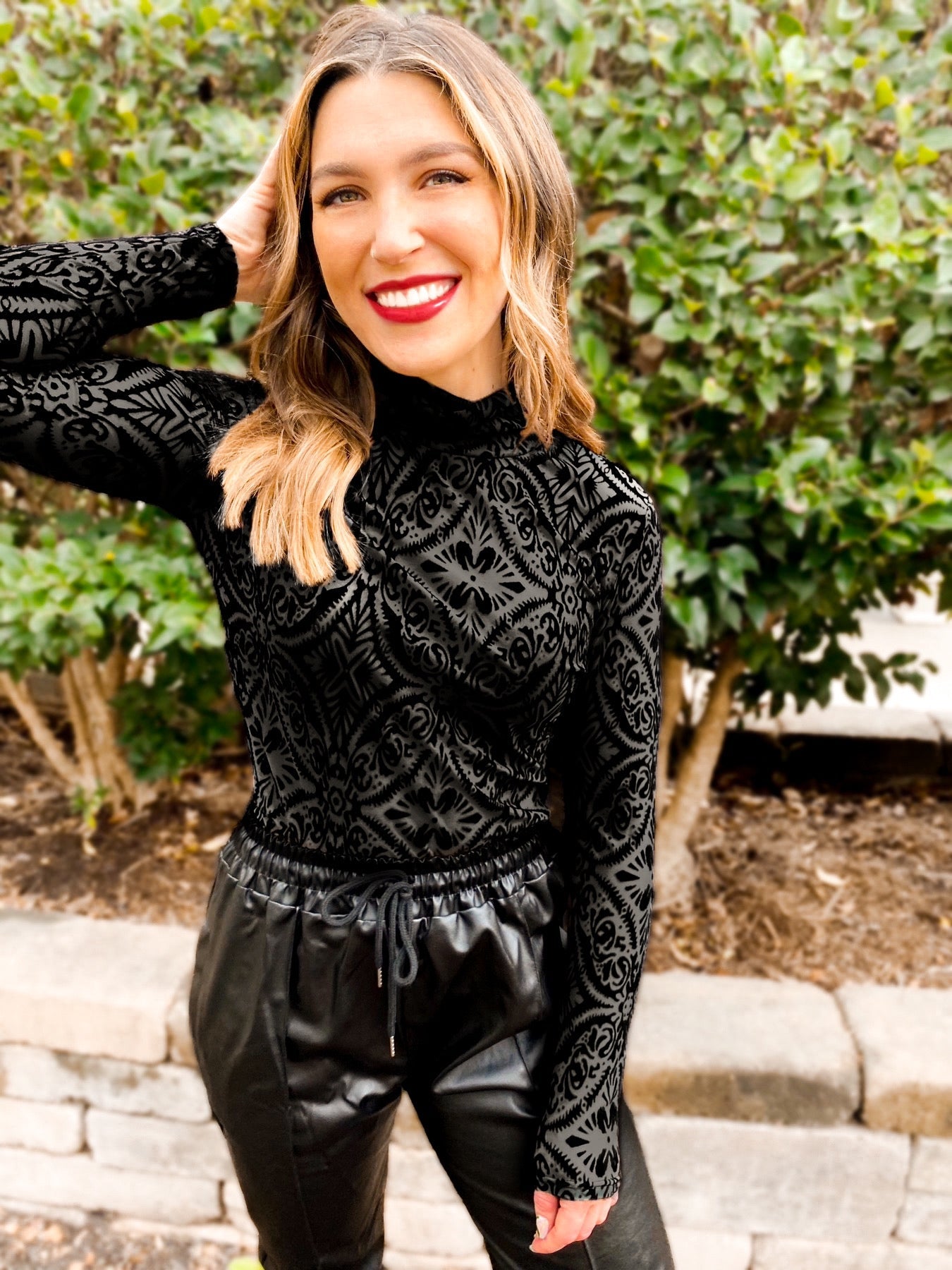 Mila Mesh & Velvet Mockneck Top - Girl Code Couture