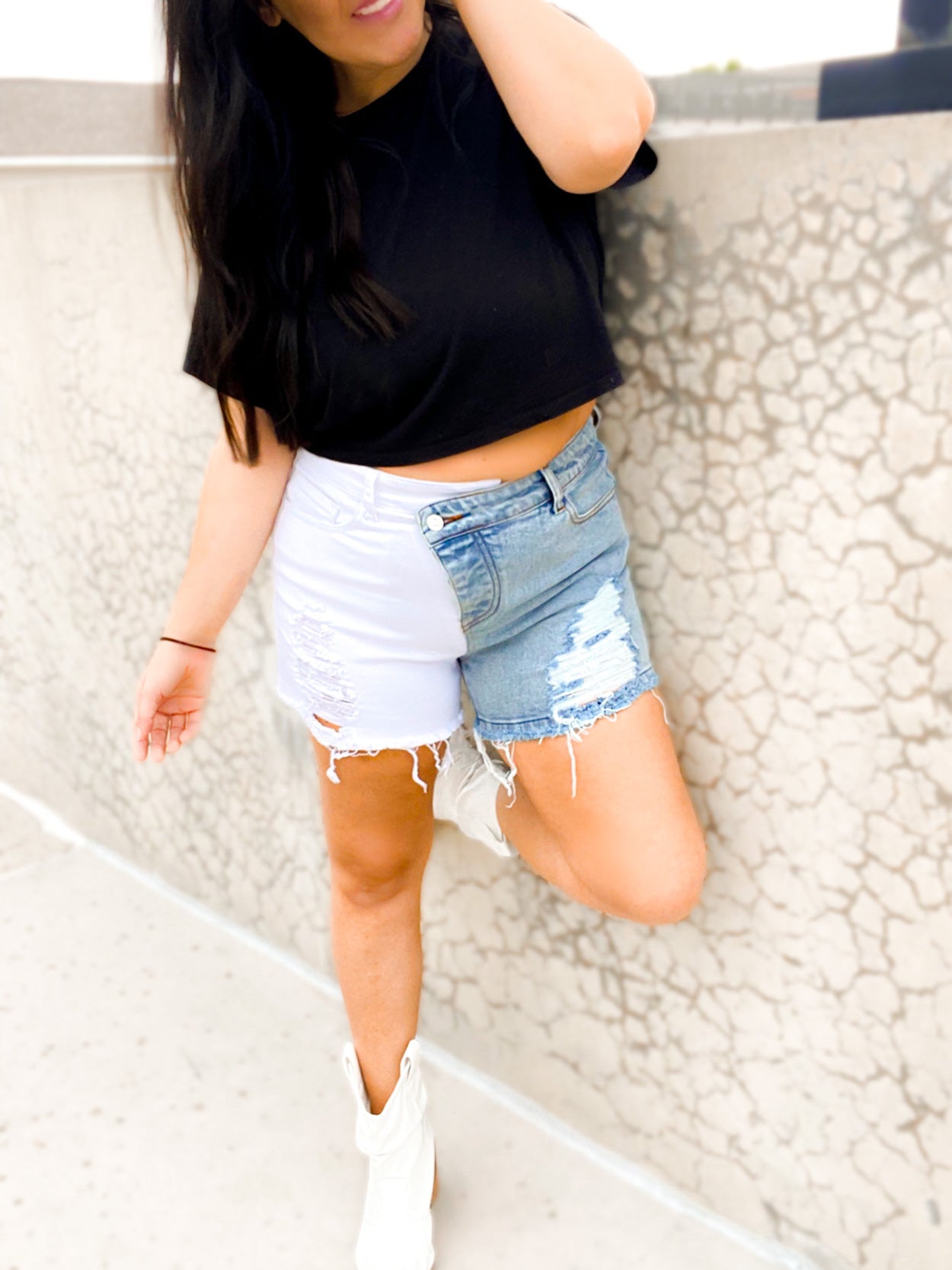 Callie Crossover Colorblock Denim Shorts - Girl Code Couture