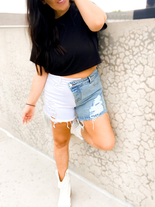 Callie Crossover Colorblock Denim Shorts - Girl Code Couture