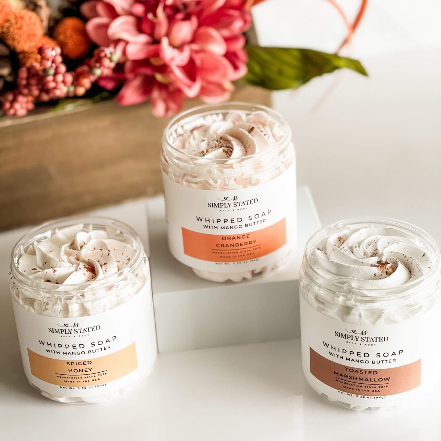 Fall Whipped Soap Collection with mango butter in front of autumn floral decor