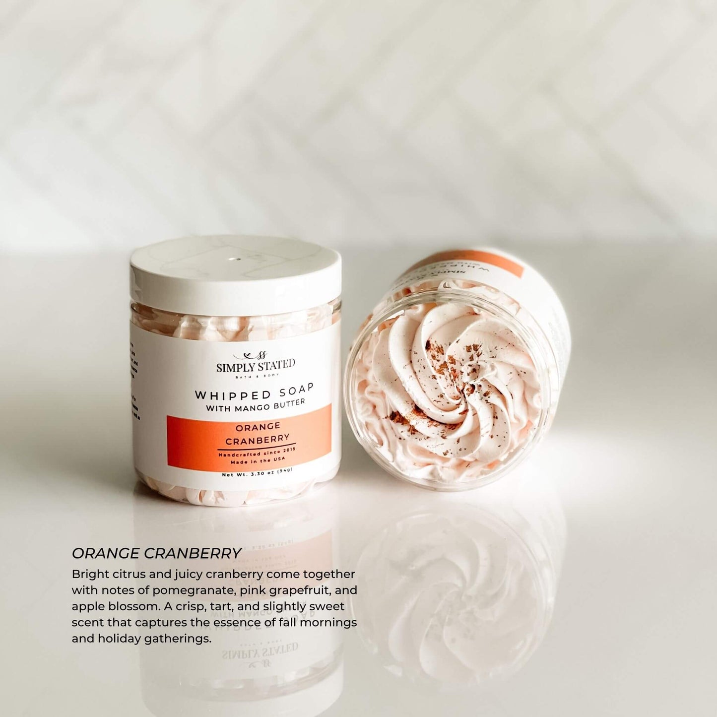 Whipped Soap in Orange Cranberry with fluffy texture and scent description