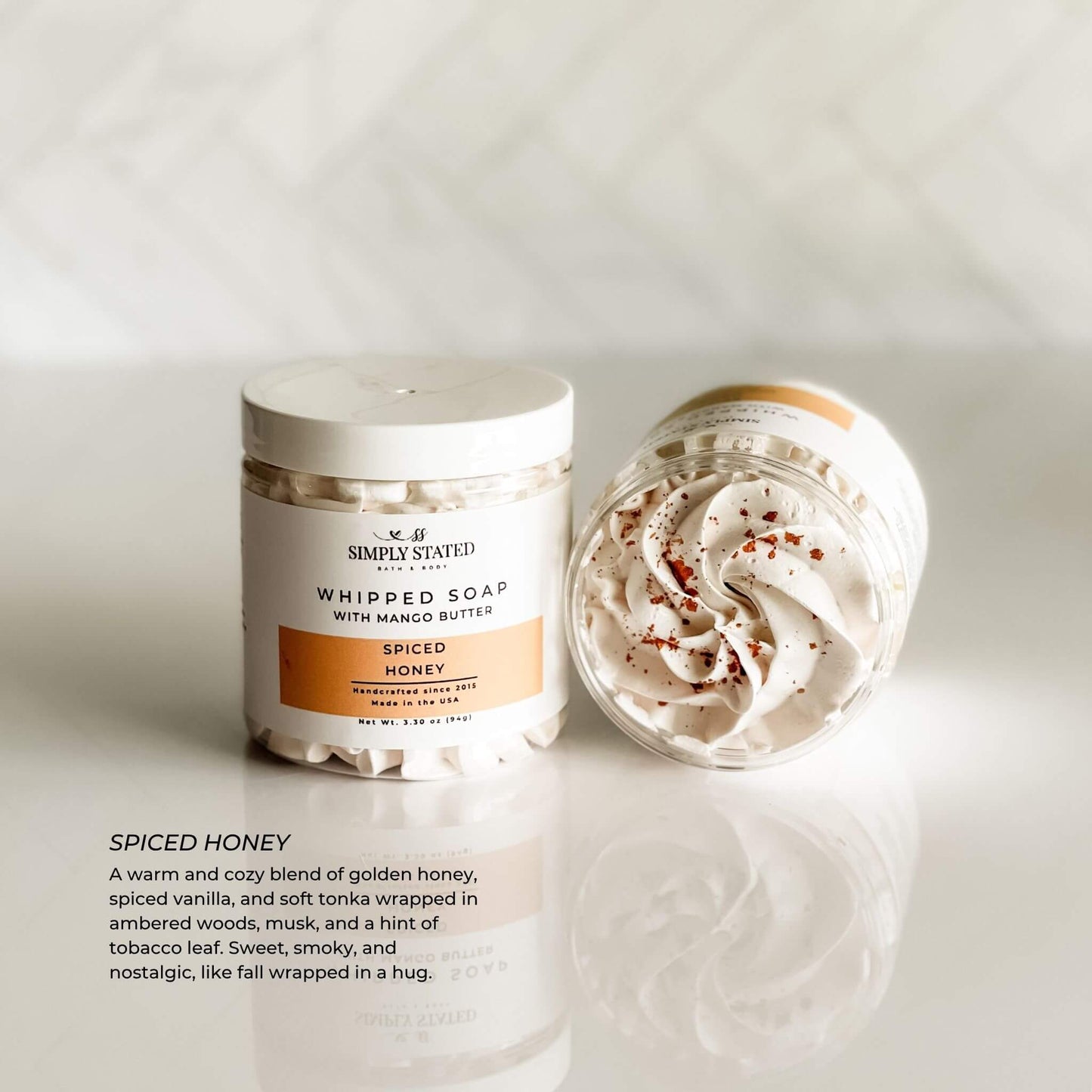 Spiced Honey Whipped Soap with warm, creamy swirl and cozy fall fragrance