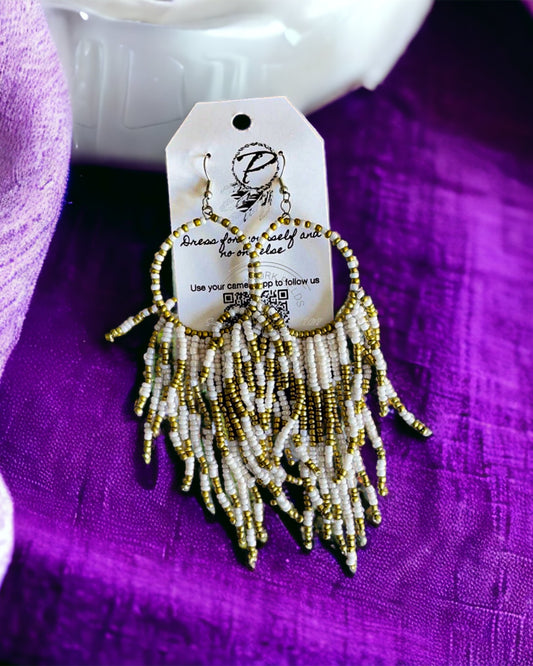 WHITE AND GOLD BEADED HOOP EARRINGS