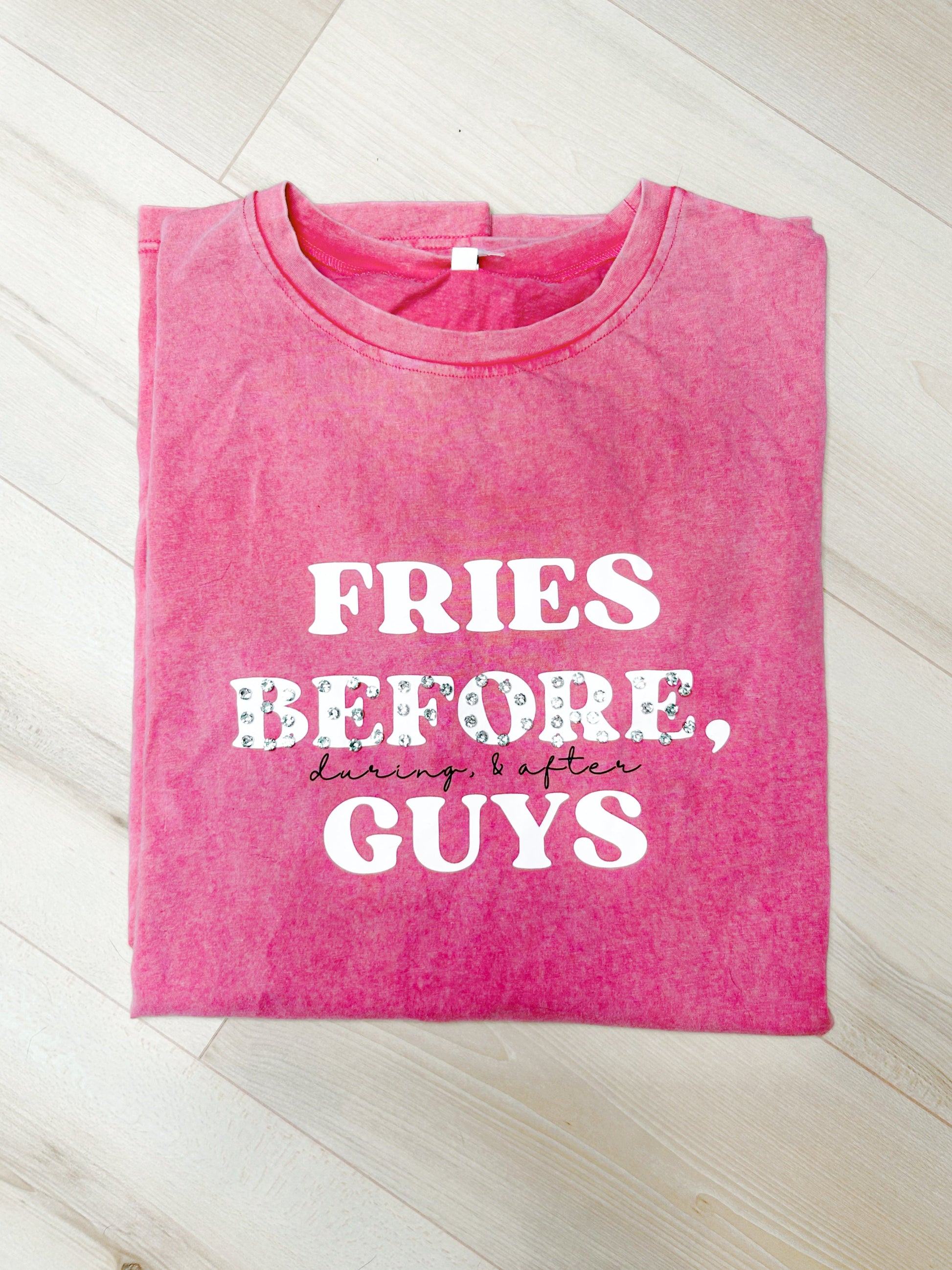 “Fries Before, During, & After Guys” Graphic & Studded Washed Tee - Girl Code Couture
