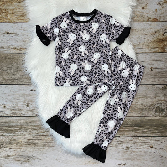 Black Leopard Print Bunny Ruffle Loungewear Set