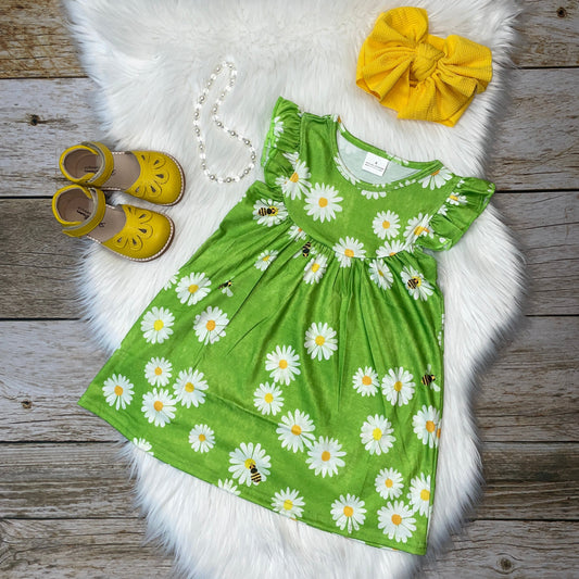 Faded Green Daisy Printed Flutter Sleeve Baby Doll Dress