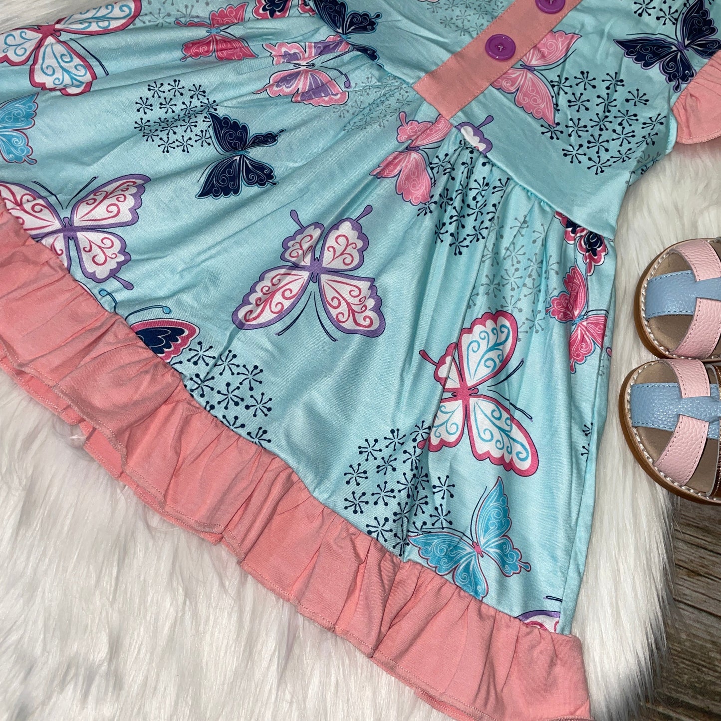 Aqua and Pink Butterfly Flutter Sleeve Dress