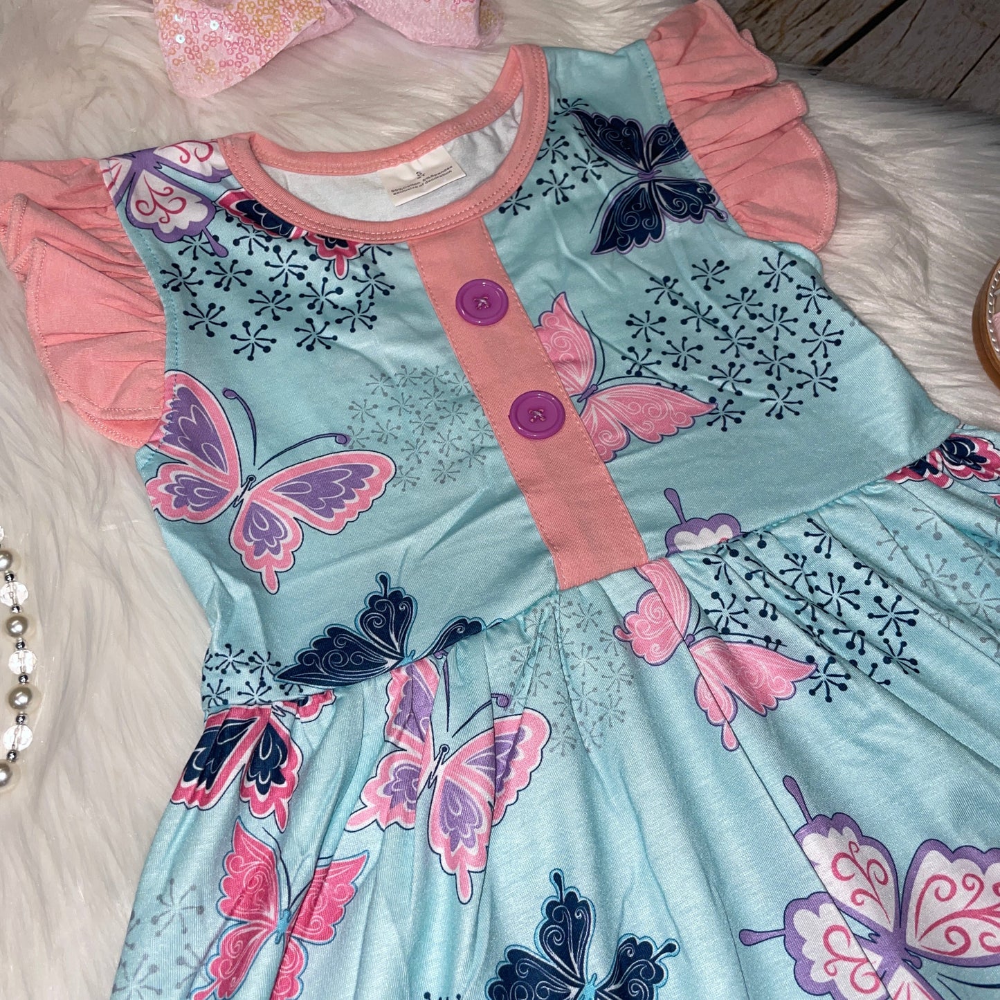 Aqua and Pink Butterfly Flutter Sleeve Dress