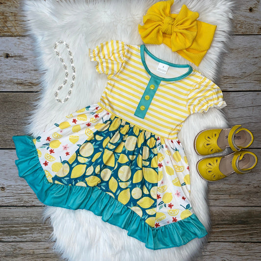Yellow Stripe and Summer Lemon Printed Panel Dress