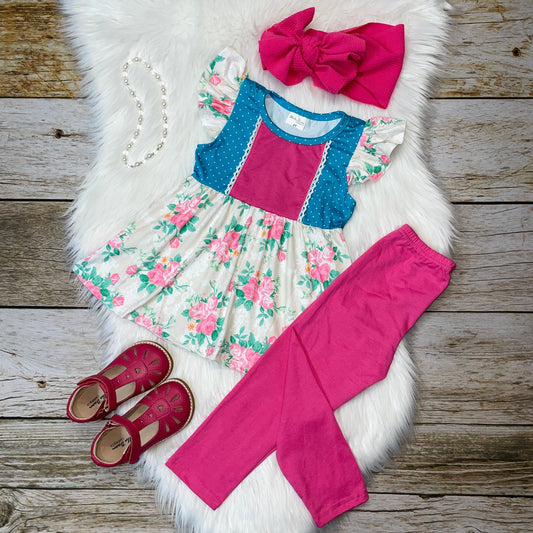 Pink and Turquoise Flutter Sleeve Tunic and Legging Set