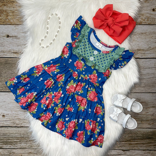 Blue and Coral Tiered Floral Dress
