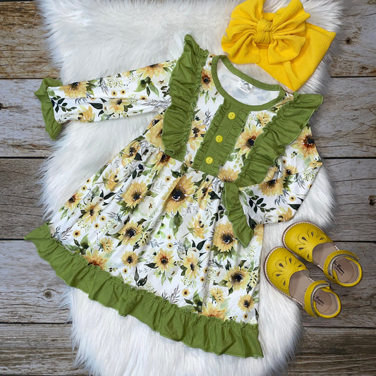 Green and Yellow Floral Long Sleeve Dress