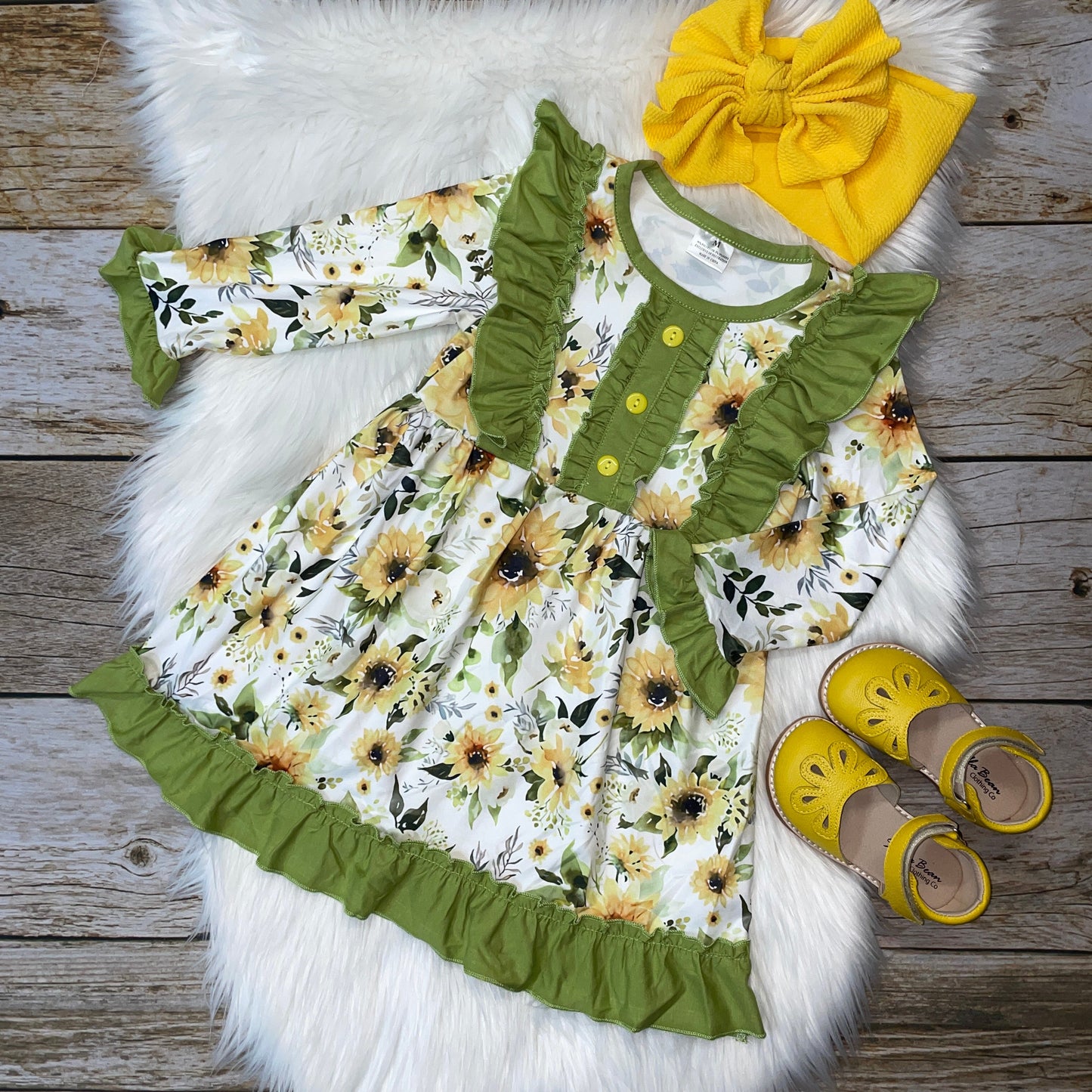 Green and Yellow Floral Long Sleeve Dress