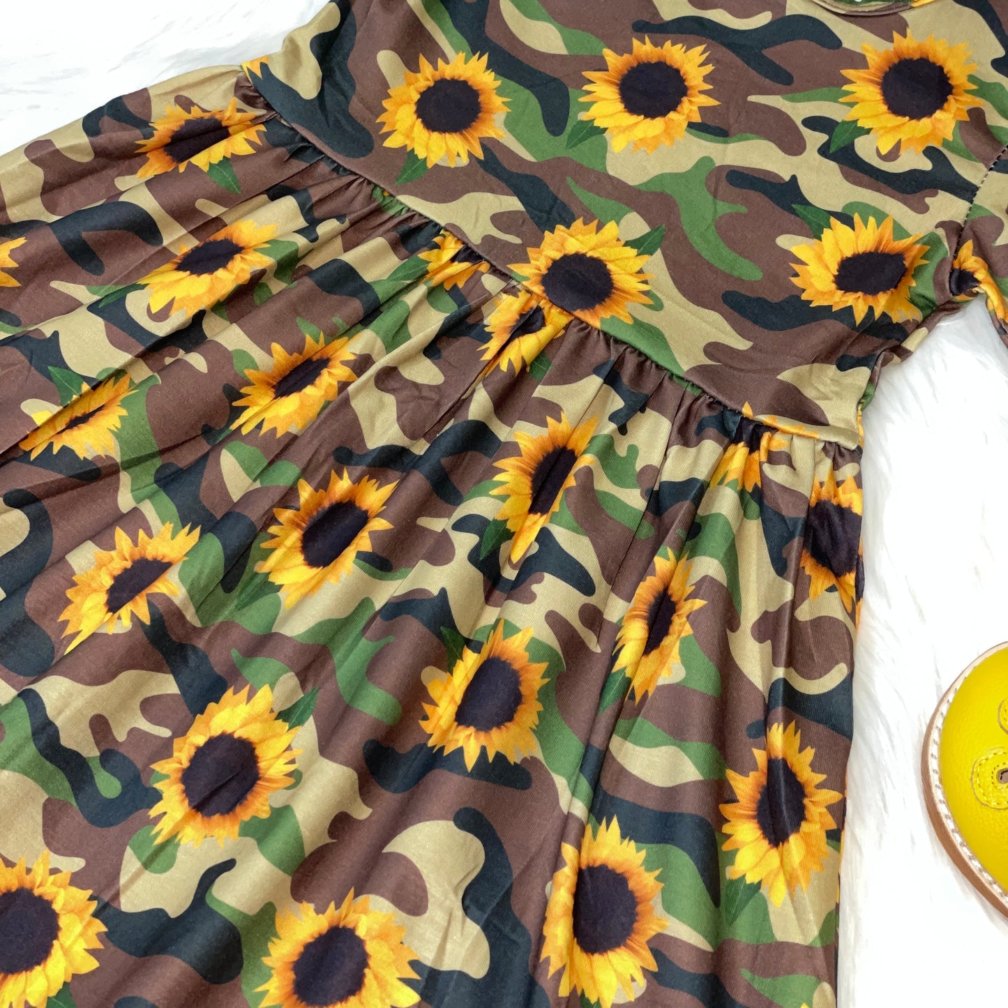 Sunflower and Green Camo Printed Short Sleeve Dress