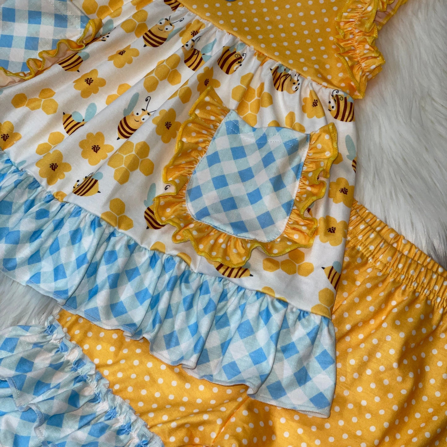 Yellow Bumble Bee Tunic and Short Set with Blue Check Print Ruffle