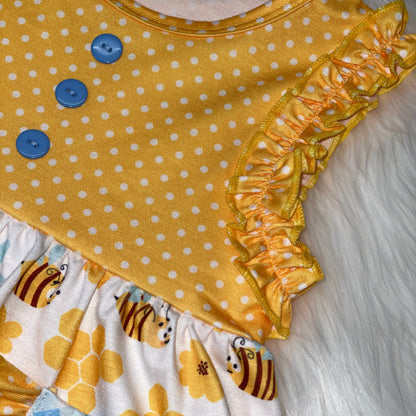 Yellow Bumble Bee Tunic and Short Set with Blue Check Print Ruffle