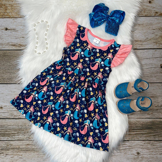Blue and Pink Mermaid Printed Flutter Sleeve Dress